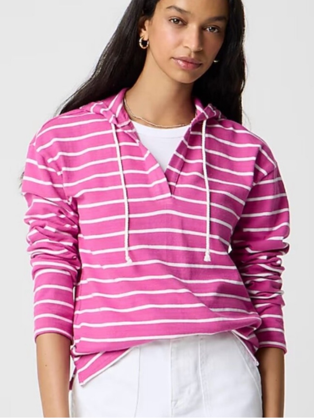 J. Crew Pink & White Striped Nautical V-Neck Hooded lightweight Sweatshirt  NWOT